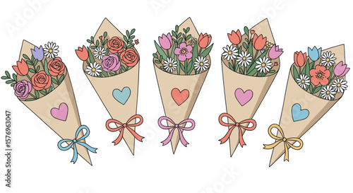 Charming bouquets with colorful flowers in wrapped paper