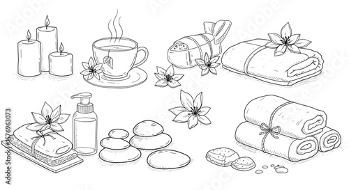 Relaxing spa elements with hand drawn style featuring candles, tea, towels, and aromatherapy
