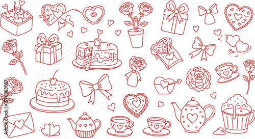 Hand-drawn romantic elements with roses, hearts, and sweets for valentine's day