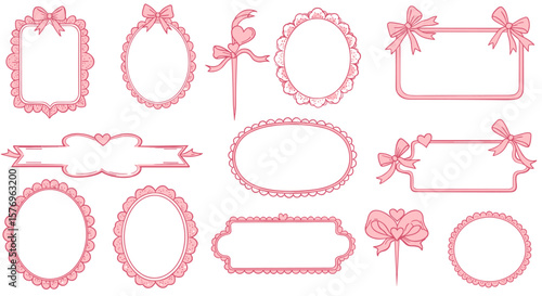 Romantic pink frames with bows and hearts for decorative borders
