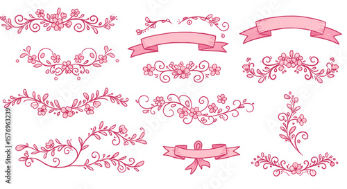 Elegant pink floral banners and dividers collection for decorative designs