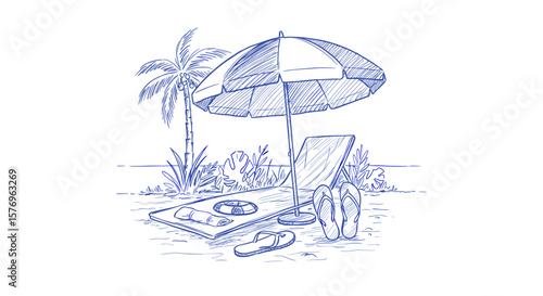 Hand-drawn beach scene with umbrella, chair, and palm tree