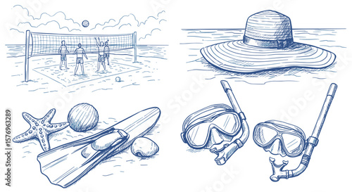 Beach activities and gear in hand-drawn blue ink style