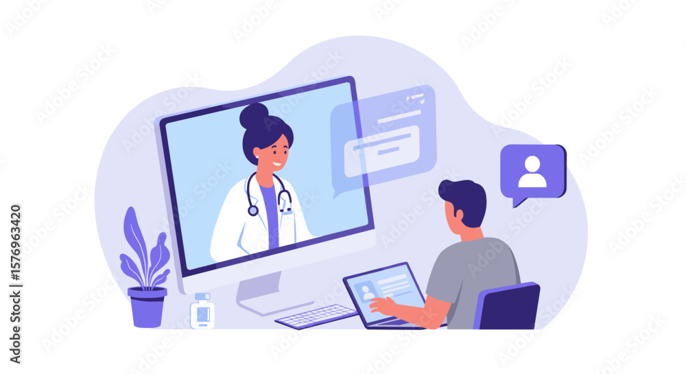 Virtual health consultation with doctor on screen in home office setting Virtual health consultation with doctor on screen in home office setting