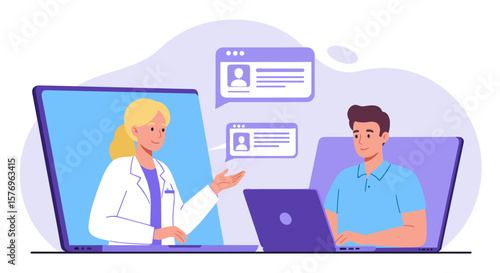 Virtual healthcare consultation with doctor and patient using laptops in modern cartoon style