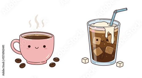 Cute coffee characters: smiling hot and iced drinks with kawaii faces