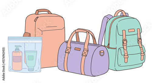 Pastel colored backpacks and travel essentials in minimalist design