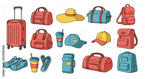 Fashionable travel essentials: colorful bags, accessories, and apparel collection