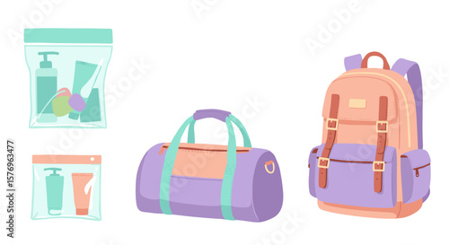 Colorful travel essentials: backpack, duffle bag, and toiletry kits in flat design