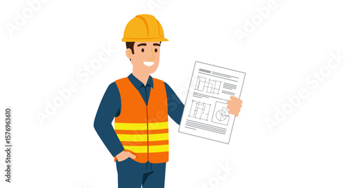 Smiling construction worker holding building plans in safety gear