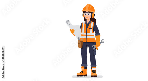 Female construction worker holding blueprint in safety gear