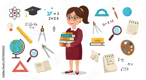 Female teacher with school supplies in colorful cartoon style