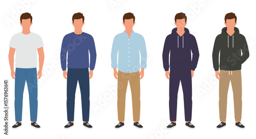 Casual fashion set featuring young male figures in different outfits