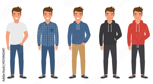 Casual male character in different outfits: flat style fashion variety