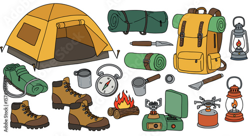 Camping essentials in colorful cartoon style for outdoor adventures