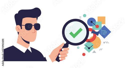 Man with magnifying glass and check mark in a modern flat design abstract concept