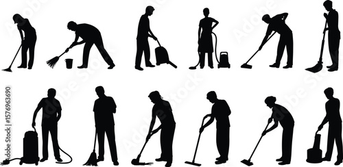 Silhouettes cleaning home, people doing chores, vacuuming, mopping, sweeping, housekeeping illustration, domestic work, cleaning service, janitorial staff, hygiene tools