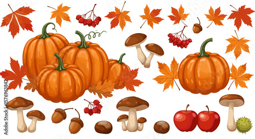 Autumn harvest bounty: pumpkins, mushrooms, and foliage with vibrant fall colors