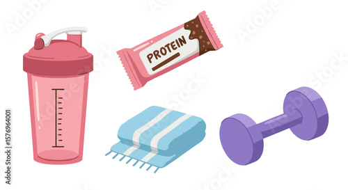 Fitness essentials: dumbbell, shaker bottle, protein bar, and towel in cartoon style