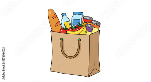 Grocery bag filled with fresh food and drinks in cartoon style