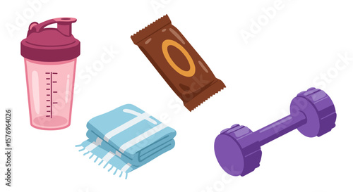 Fitness accessories: dumbbell, protein shake, snack bar, towel