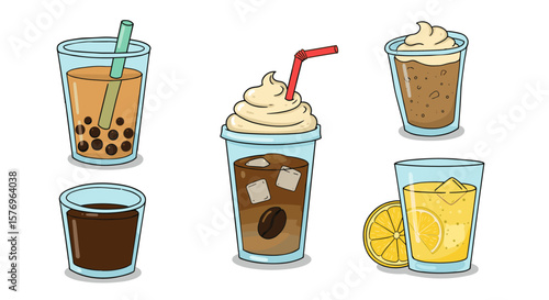 Cartoon style refreshing drinks with bubble tea and lemonade