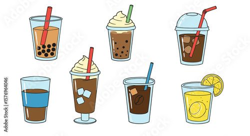 Colorful cartoon beverage collection featuring popular cold drinks and refreshing juices
