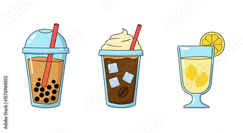 Variety of refreshing drinks: bubble tea, iced coffee, and lemonade in cartoon style
