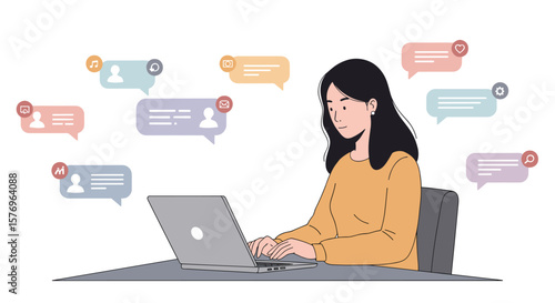 Person typing on laptop surrounded by social media icons in modern flat style