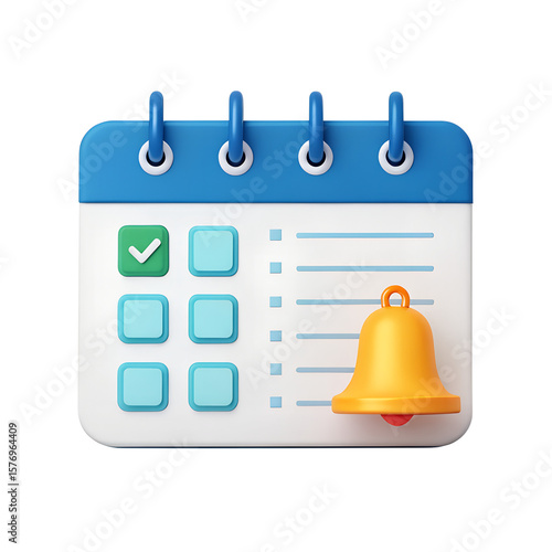 3d calendar with checklist and notification bell isolated on transparent background