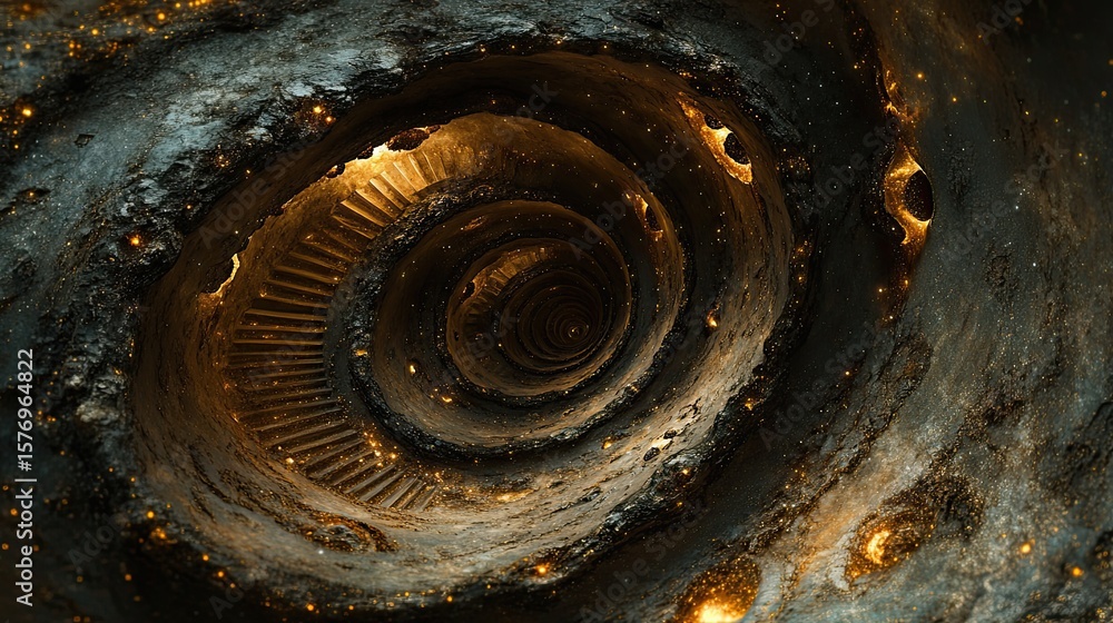 A spiral descent into a dark, glowing abyss. A spiral descent into a dark, glowing abyss.