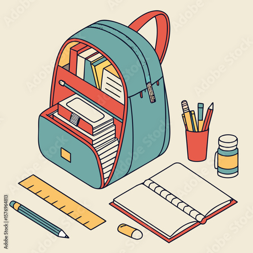 School Essentials: This image portrays a neatly organized backpack filled with books, stationery, and a notebook, evoking a sense of preparedness and anticipation for a new academic journey.