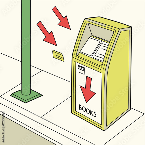 The Library Kiosk: Illustrative depiction of a public library book return kiosk on a city street, showcasing its functionality with digital arrows pointing to a card and the book slot.