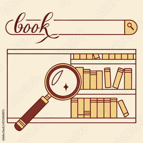 "Digital Library of knowledge: A beautifully crafted illustration that embodies the essence of seeking knowledge with a search bar, a magnifying glass, and shelves filled with books"
