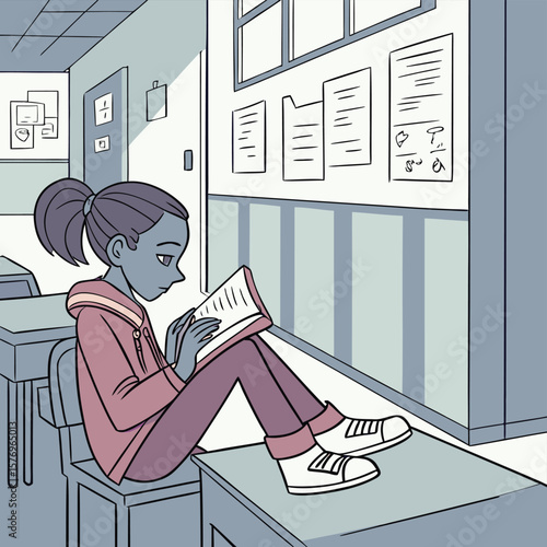 Quiet Contemplation: A young student finds solace in reading within a tranquil classroom, capturing the essence of learning and intellectual exploration.