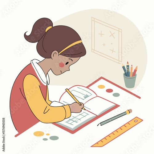 Focused Student: A young student, engrossed in her studies, leans over an open notebook, diligently working on her drawing with focused intent, and the tools of learning spread before her. 