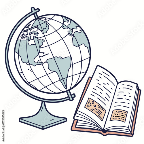 Globe and Textbook: A detailed illustration of a globe and an open book, representing education and global awareness. Ideal for educational materials.
