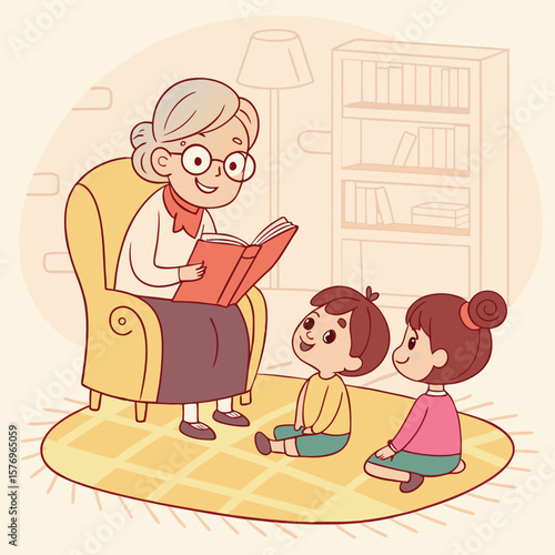 The storyteller: A charming scene of a woman reading a book to a pair of young children, evoking a sense of warmth and nostalgia, capturing the essence of shared storytelling and childhood wonder.