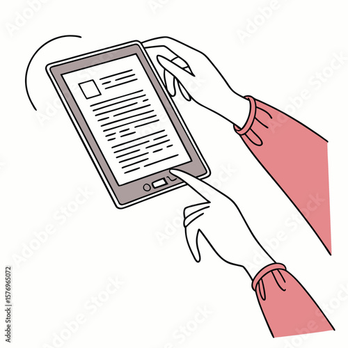 E-reader Interaction: A detailed illustration captures the intimate act of reading. A person's hands, depicted with a touch of realism, gently interact with a digital e-reader.