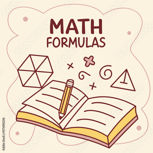 Math Formulas Illustration: Illustrated open book with math formulas and pencil on cream backdrop, evoking academic rigor and mathematical pursuit.