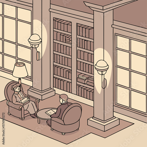 Cozy Library Reading Nook: Two individuals engage in quiet conversation amidst towering bookshelves in a classic library setting.