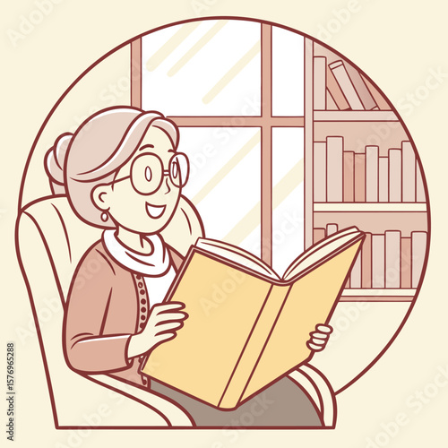 Reading Bliss: A senior woman engrossed in a book, seated in a comfortable chair, her spectacles glinting with joy, surrounded by bookshelves filled with literary treasures.