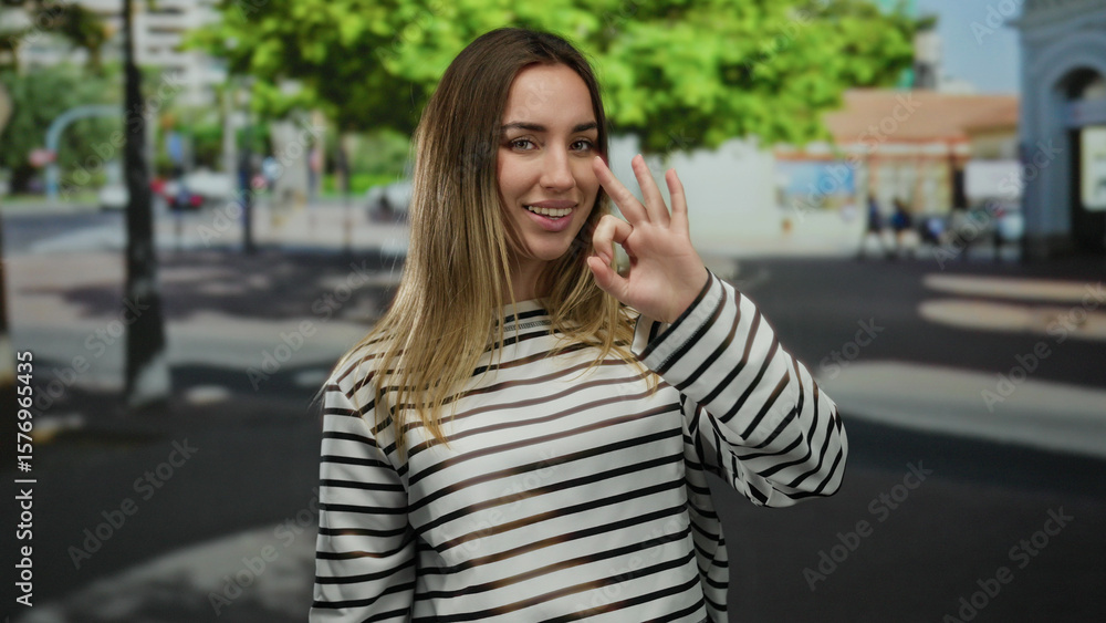 Fototapeta premium Young blonde woman in striped shirt poses on a sunny street making an ok gesture, conveying a positive and confident vibe, with urban scenery in the background.