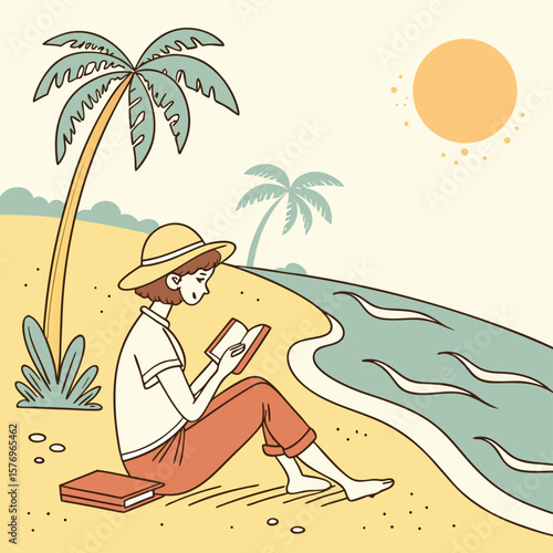 Seaside Serenity: A solitary individual finds solace on a tranquil beach, absorbed in the pages of a good book under the shade of a palm tree, embodying the peaceful essence of relaxation.