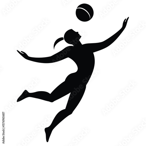 Silhouette of a woman jumping to spike a volleyball sport action black and white artistic minimalist