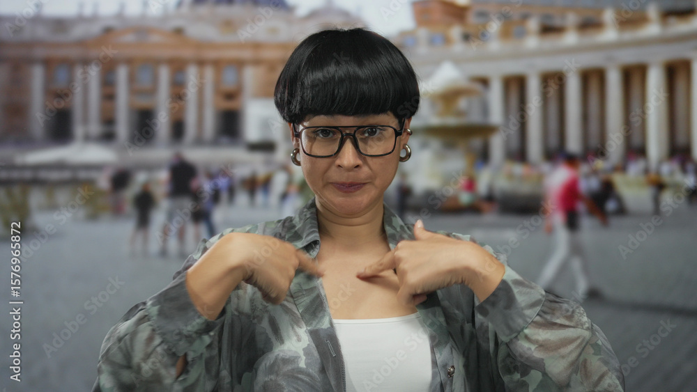 Obraz premium Woman gesturing expressively in saint peter's square, vatican city, surrounded by tourists and historic architecture.