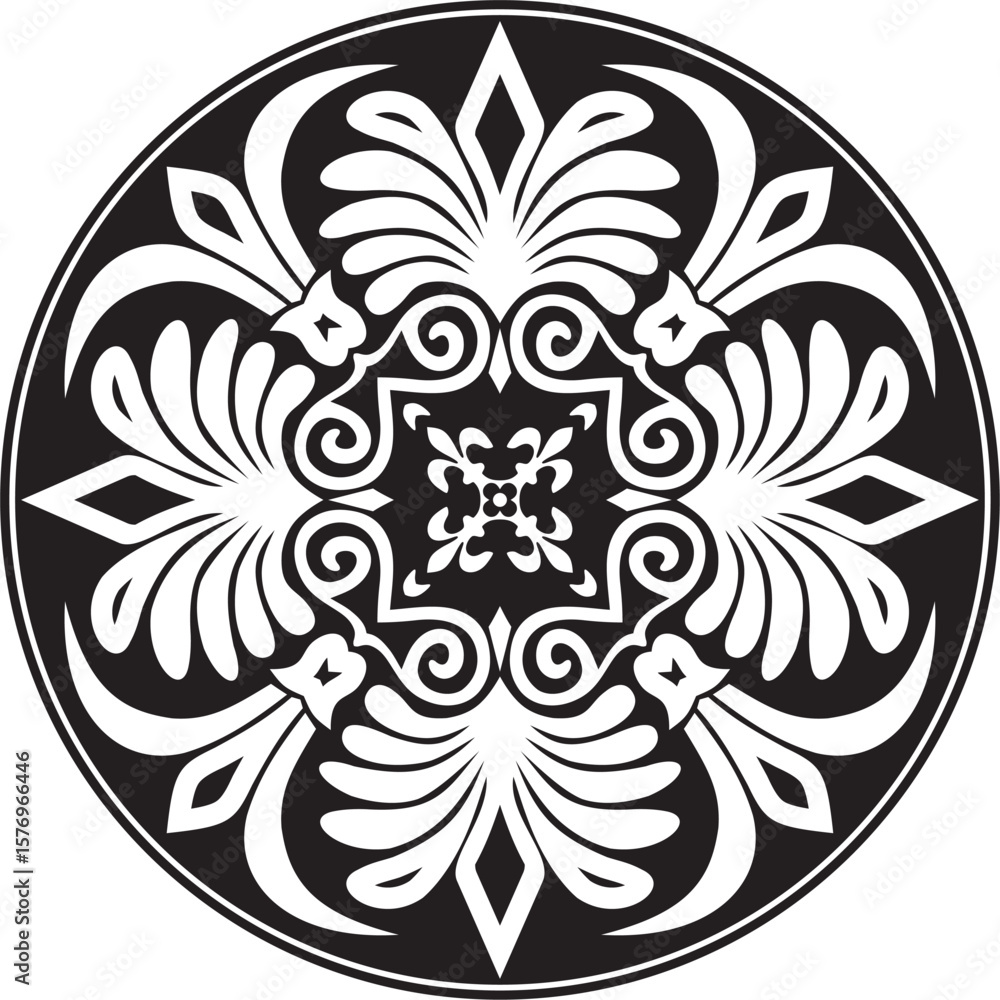 Fototapeta premium Vector black monochrome classic Greek round ornament. Circle of Ancient Greece and the Roman Empire. Byzantine painting of walls, floors and ceilings. Decoration of European palaces. 