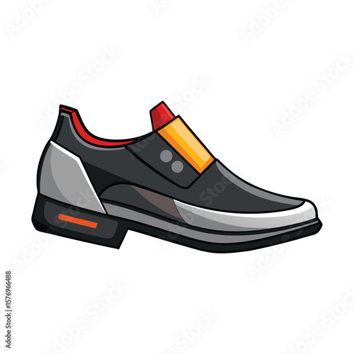 Modern black slip on shoe with red and yellow accents