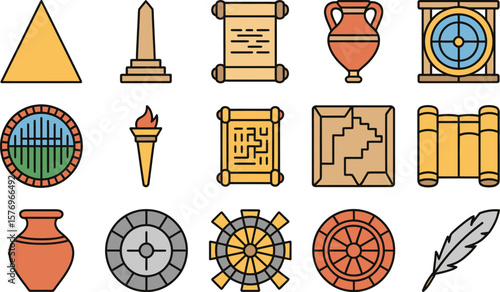 Ancient Civilization Icons in Orange Yellow and Gray with Black Outlines