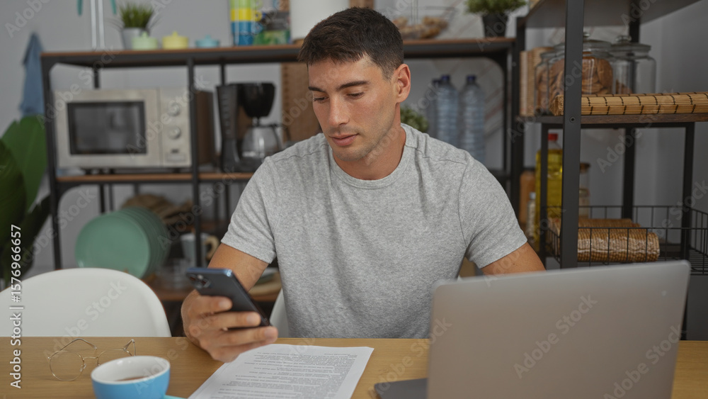 Obraz premium Young man in office using smartphone at a desk with laptop and documents, surrounded by kitchen items, creating a professional yet relaxed workplace atmosphere.